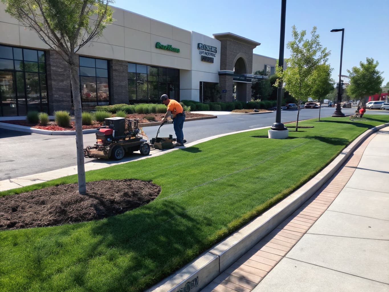 Professional landscaper maintaining a commercial lawn