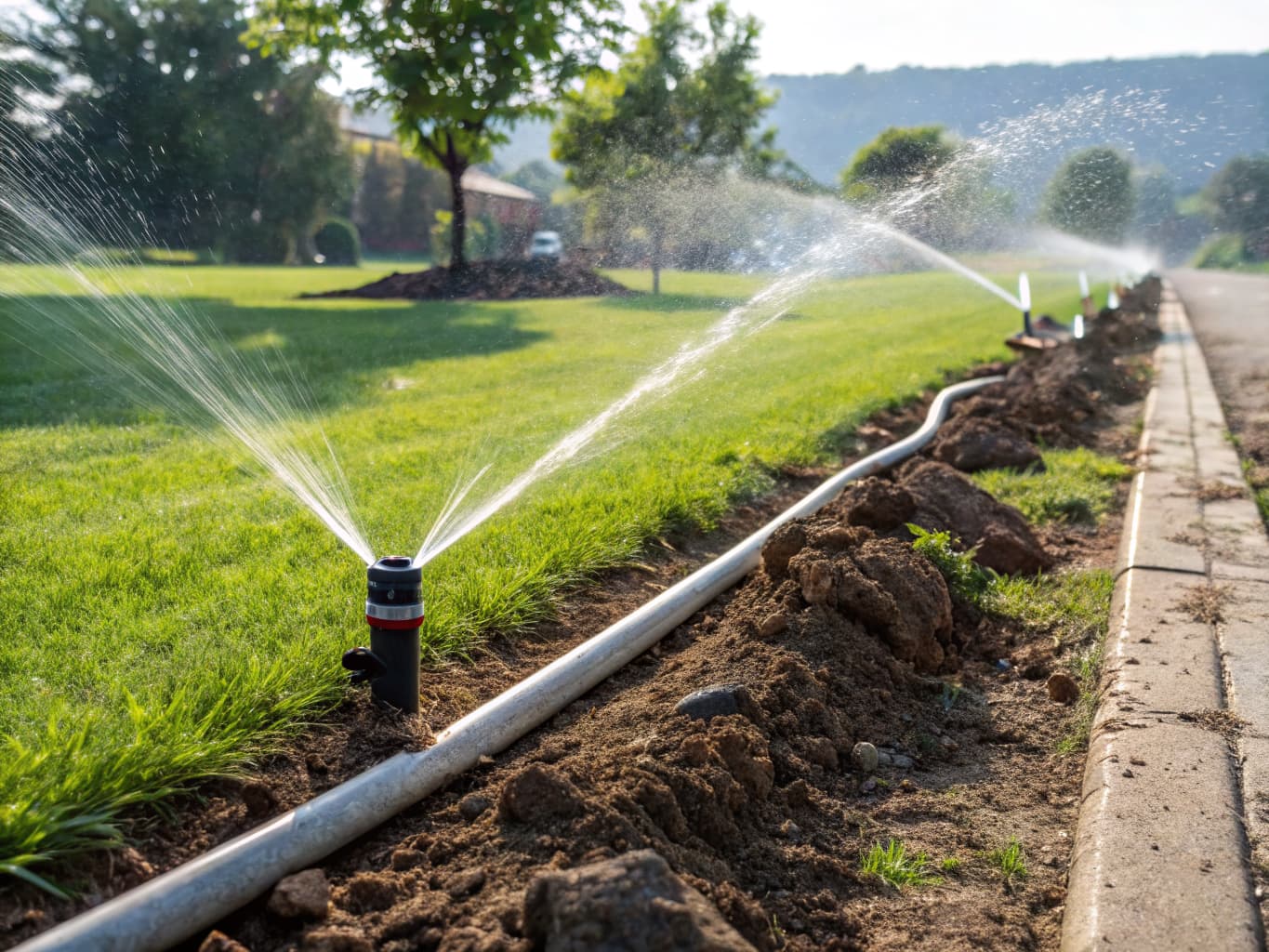 Irrigation sprinkler system installation with water spraying