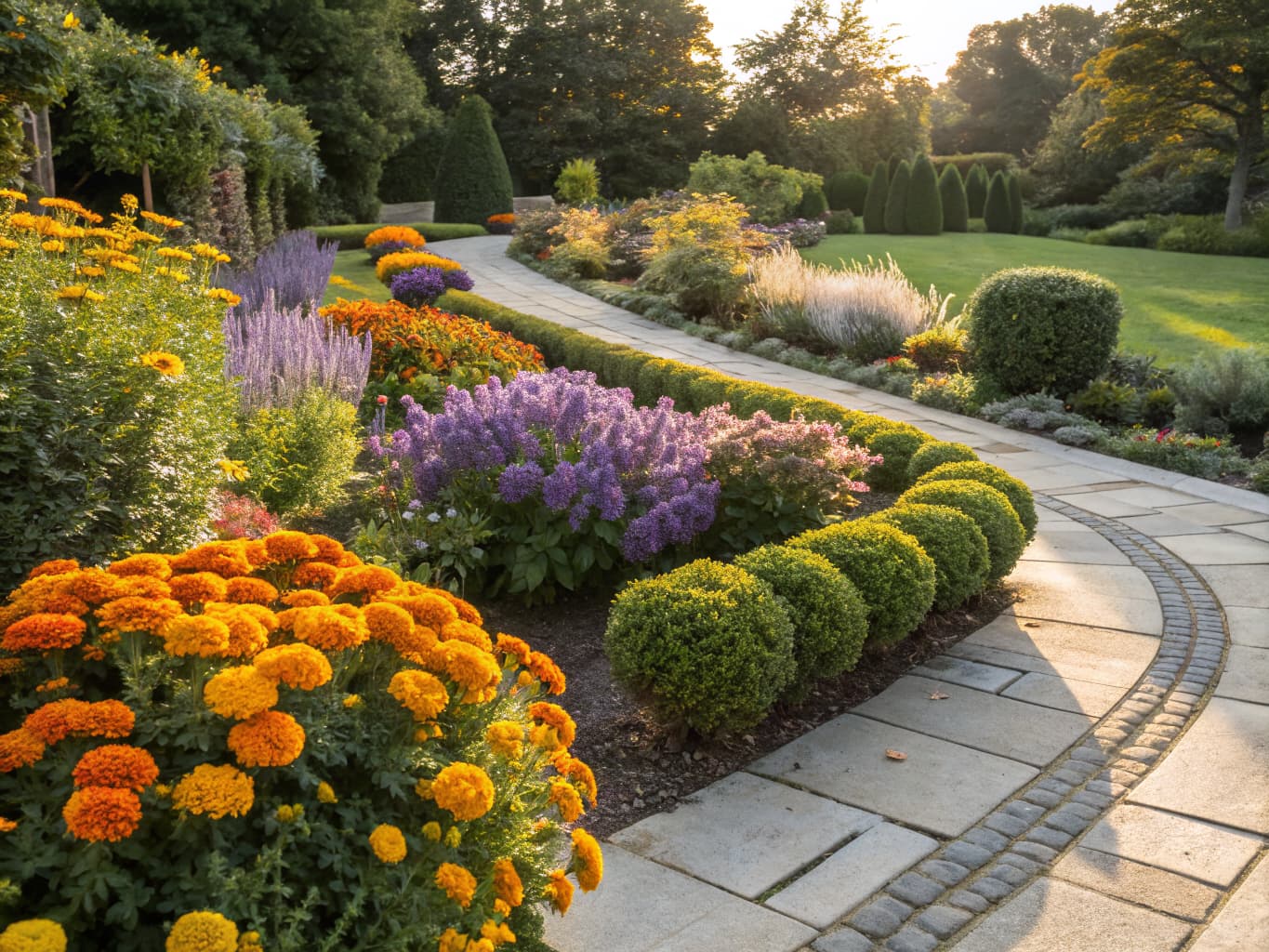 Vibrant seasonal garden with colorful flowers and manicured beds